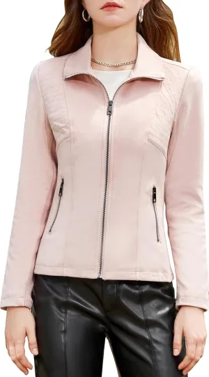 S P Y M Womens Faux Leather Jacket, Casual Fashion Quilted Zip Up Suede Coat With Elastic Rib