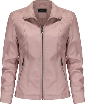 S P Y M Womens Faux Leather Jacket, Casual Fashion Quilted Zip Up Suede Coat With Elastic Rib