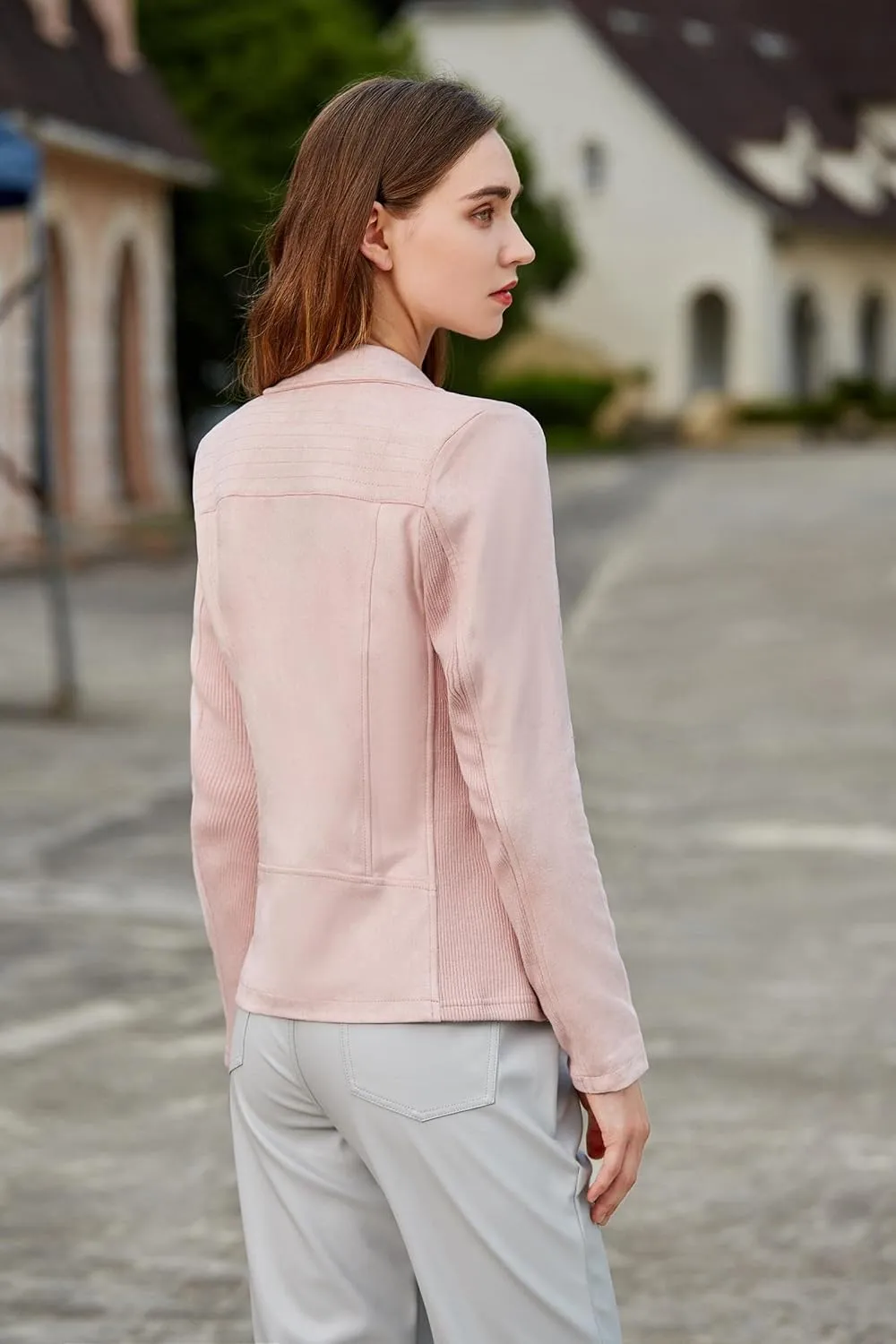 S P Y M Womens Faux Leather Jacket, Casual Fashion Quilted Zip Up Suede Coat With Elastic Rib