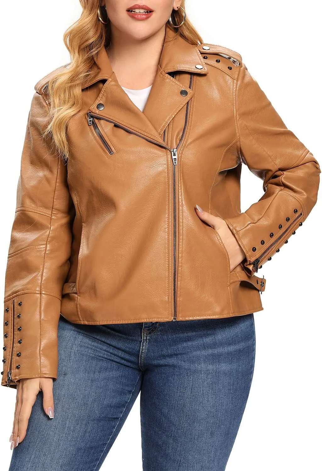 S P Y M Womens Faux Leather Jacket, Double Zip Up Coat, Moto Biker Outwear with Rivets, Regular and Plus Size