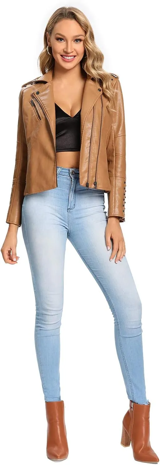 S P Y M Womens Faux Leather Jacket, Double Zip Up Coat, Moto Biker Outwear with Rivets, Regular and Plus Size