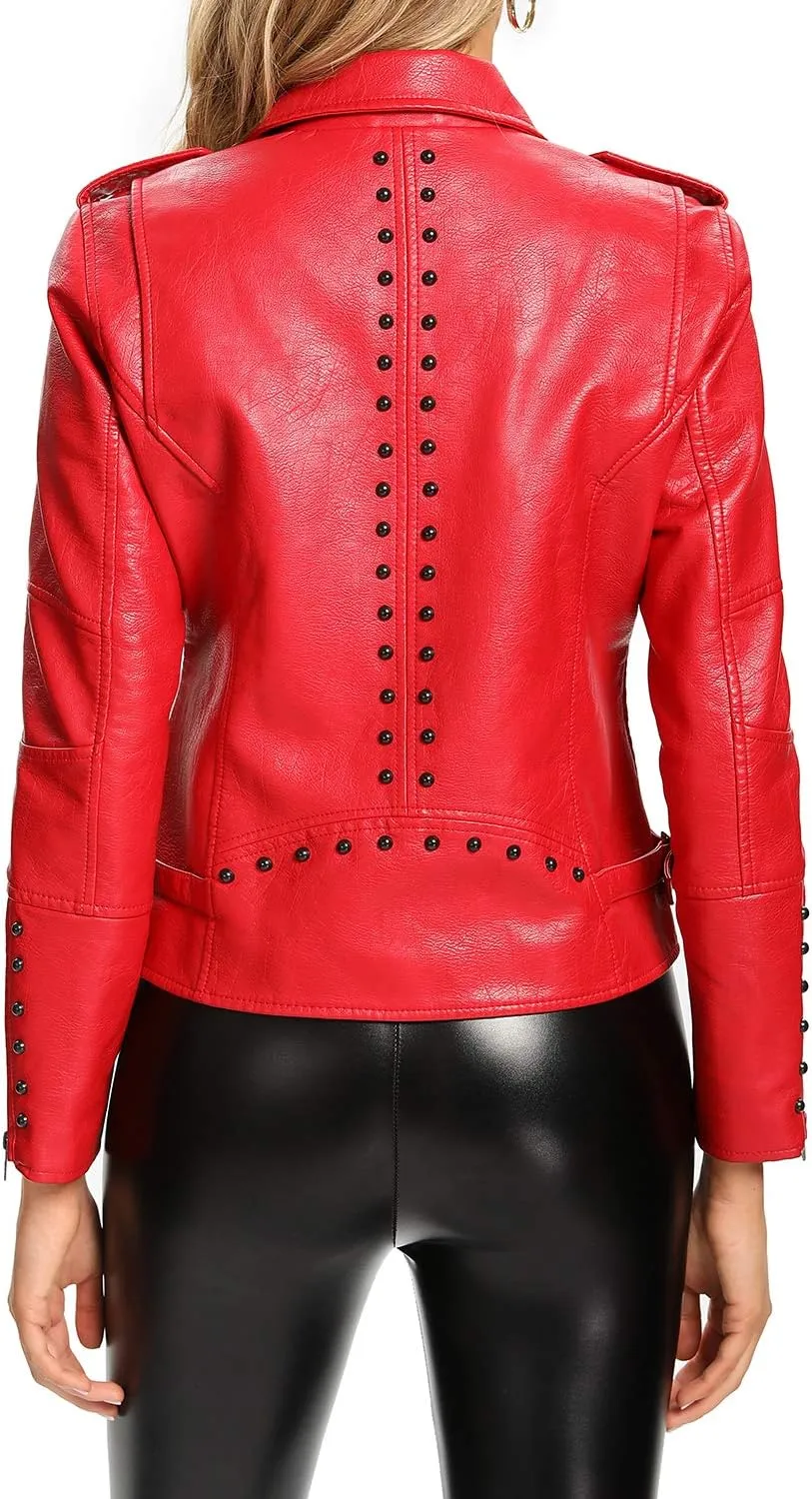 S P Y M Womens Faux Leather Jacket, Double Zip Up Coat, Moto Biker Outwear with Rivets, Regular and Plus Size