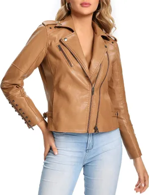 S P Y M Womens Faux Leather Jacket, Double Zip Up Coat, Moto Biker Outwear with Rivets, Regular and Plus Size