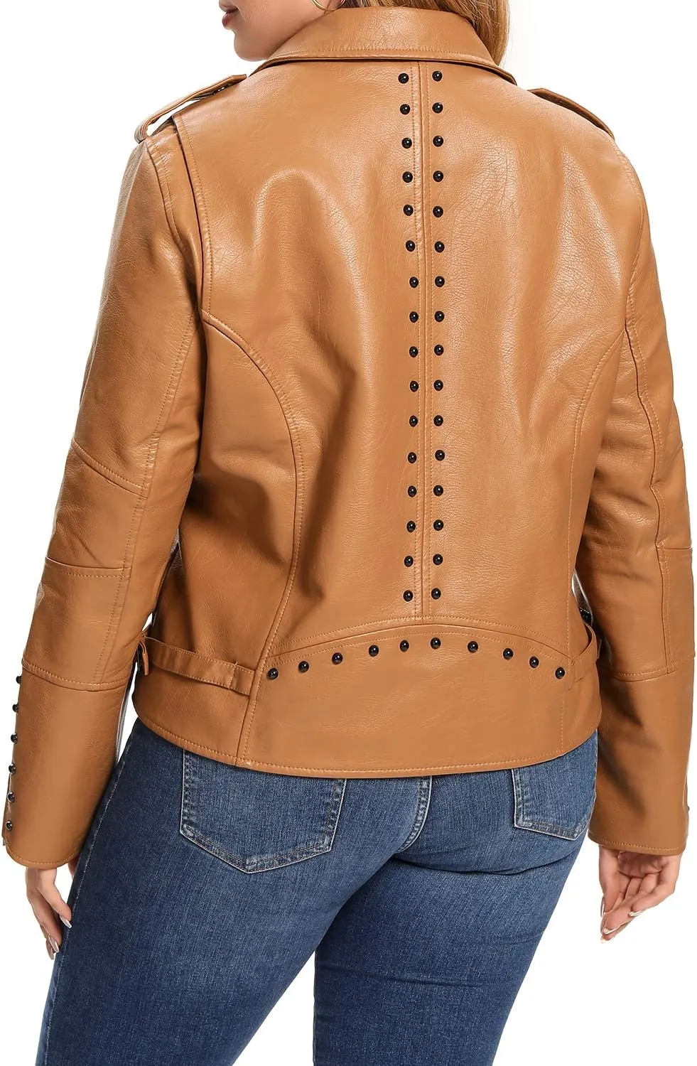 S P Y M Womens Faux Leather Jacket, Double Zip Up Coat, Moto Biker Outwear with Rivets, Regular and Plus Size