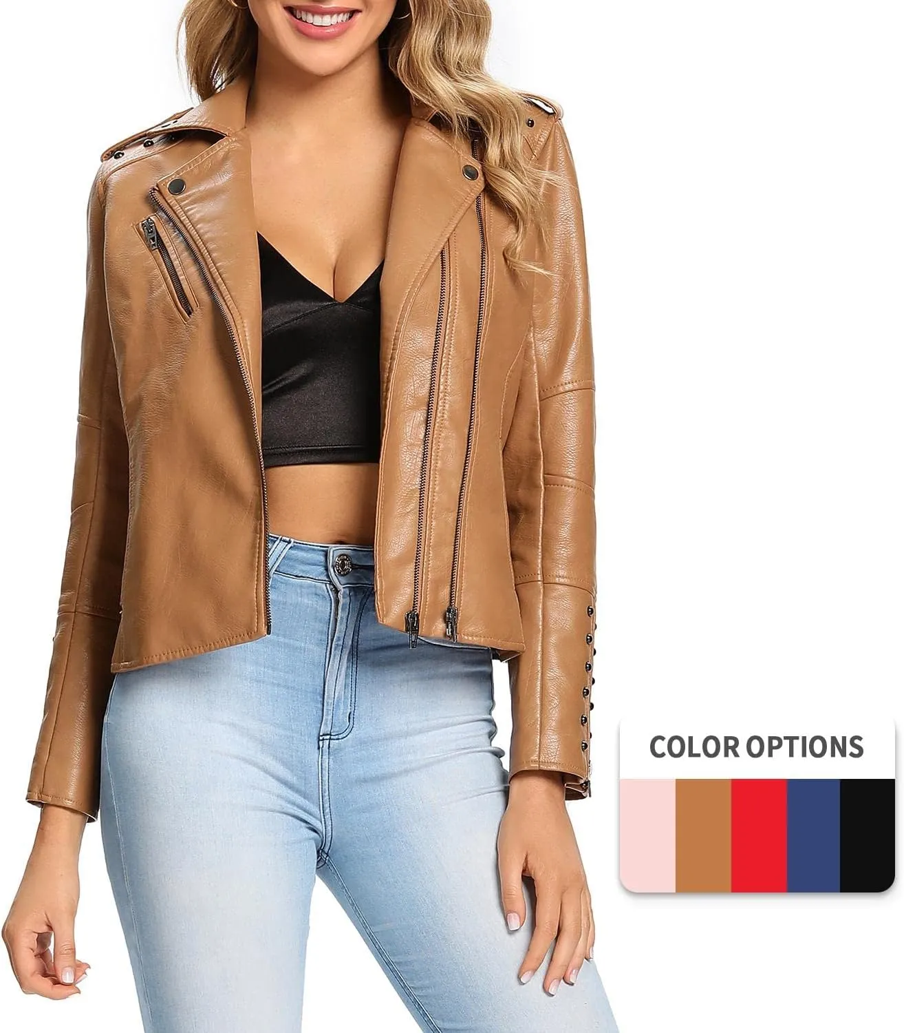S P Y M Womens Faux Leather Jacket, Double Zip Up Coat, Moto Biker Outwear with Rivets, Regular and Plus Size