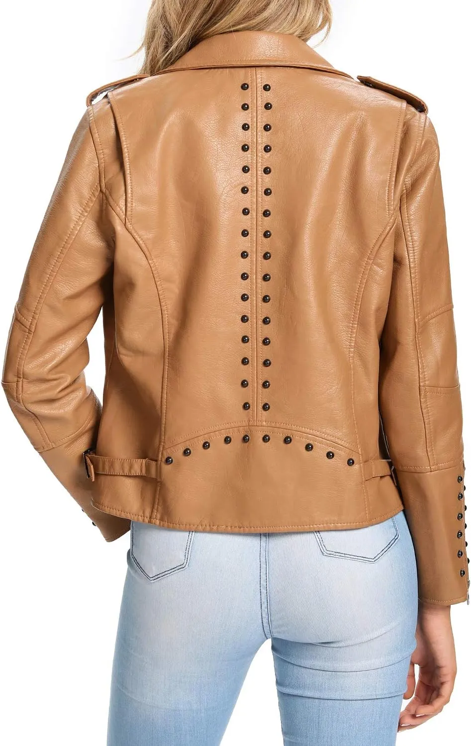 S P Y M Womens Faux Leather Jacket, Double Zip Up Coat, Moto Biker Outwear with Rivets, Regular and Plus Size