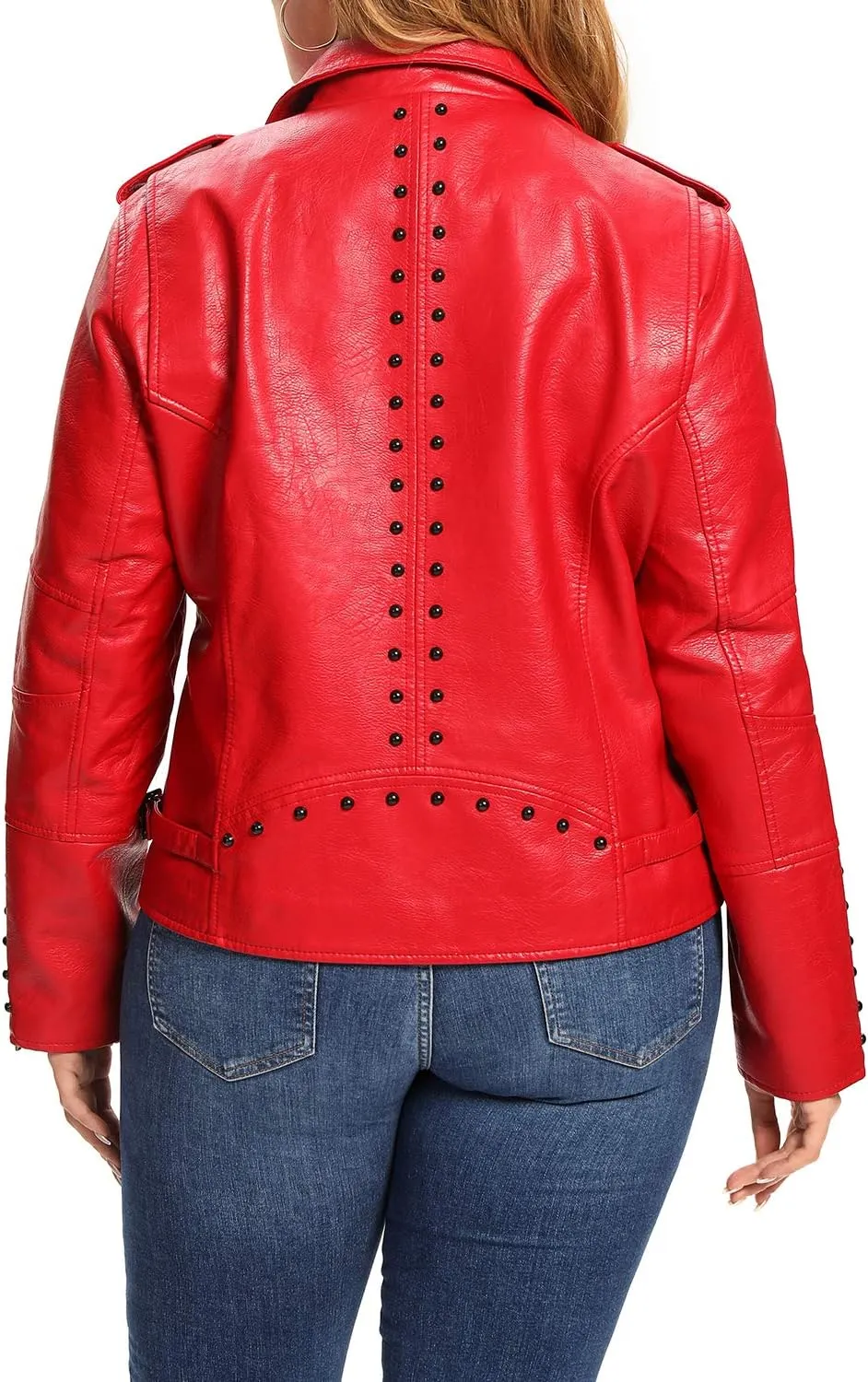 S P Y M Womens Faux Leather Jacket, Double Zip Up Coat, Moto Biker Outwear with Rivets, Regular and Plus Size
