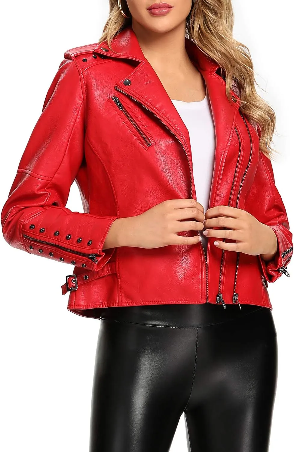 S P Y M Womens Faux Leather Jacket, Double Zip Up Coat, Moto Biker Outwear with Rivets, Regular and Plus Size