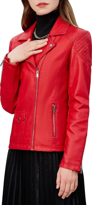 S P Y M Womens Faux Leather Jacket, Moto Biker Coat, Quilted Zip Up Outwear