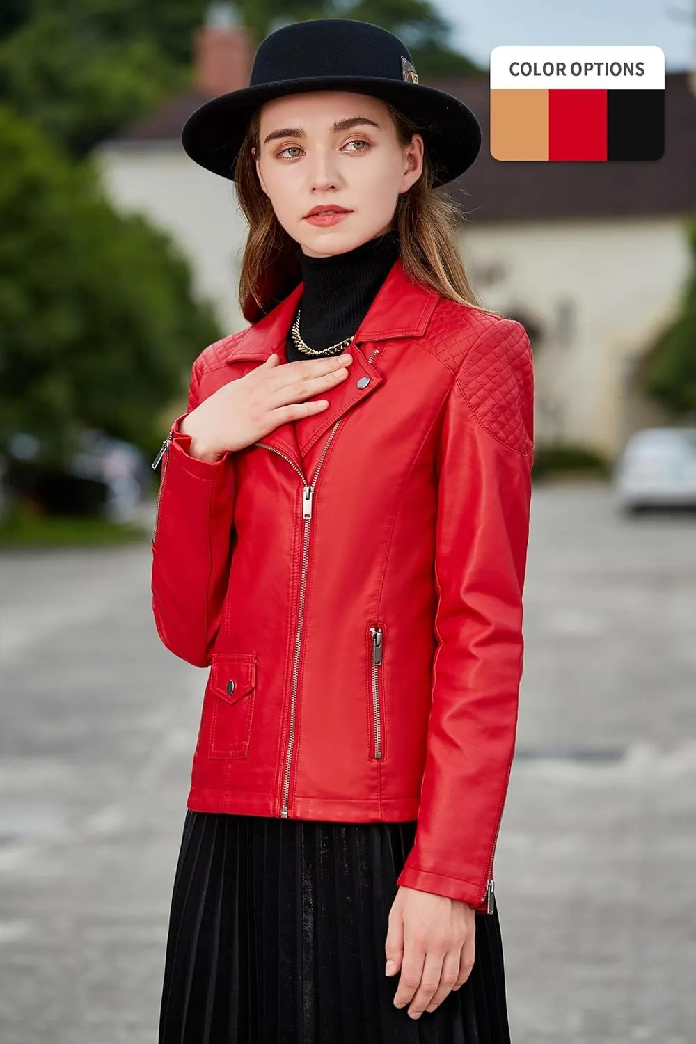 S P Y M Womens Faux Leather Jacket, Moto Biker Coat, Quilted Zip Up Outwear