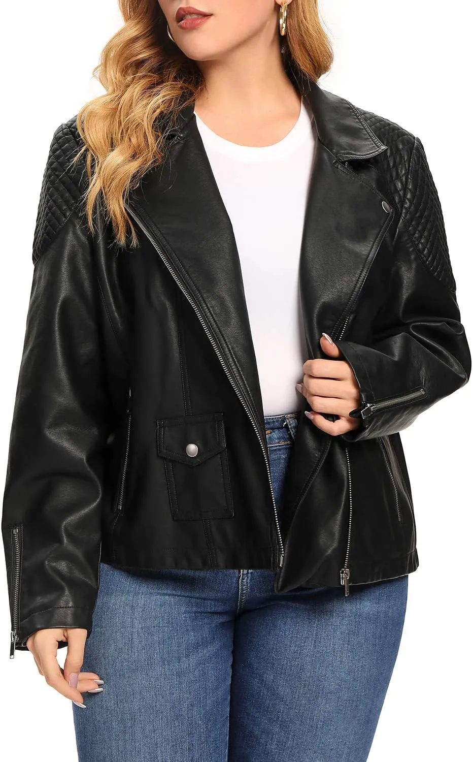 S P Y M Womens Faux Leather Jacket, Moto Biker Coat, Quilted Zip Up Outwear