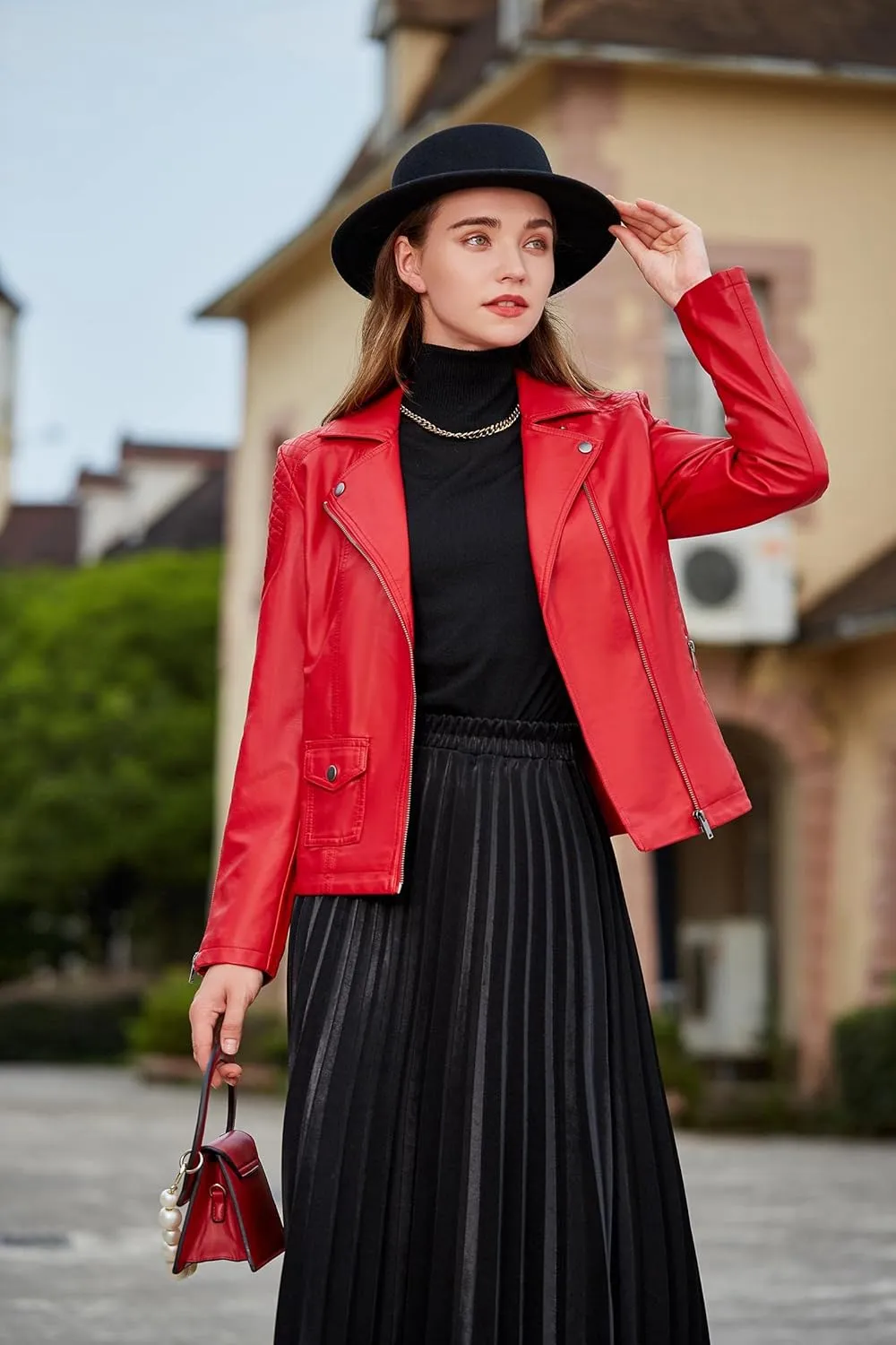 S P Y M Womens Faux Leather Jacket, Moto Biker Coat, Quilted Zip Up Outwear
