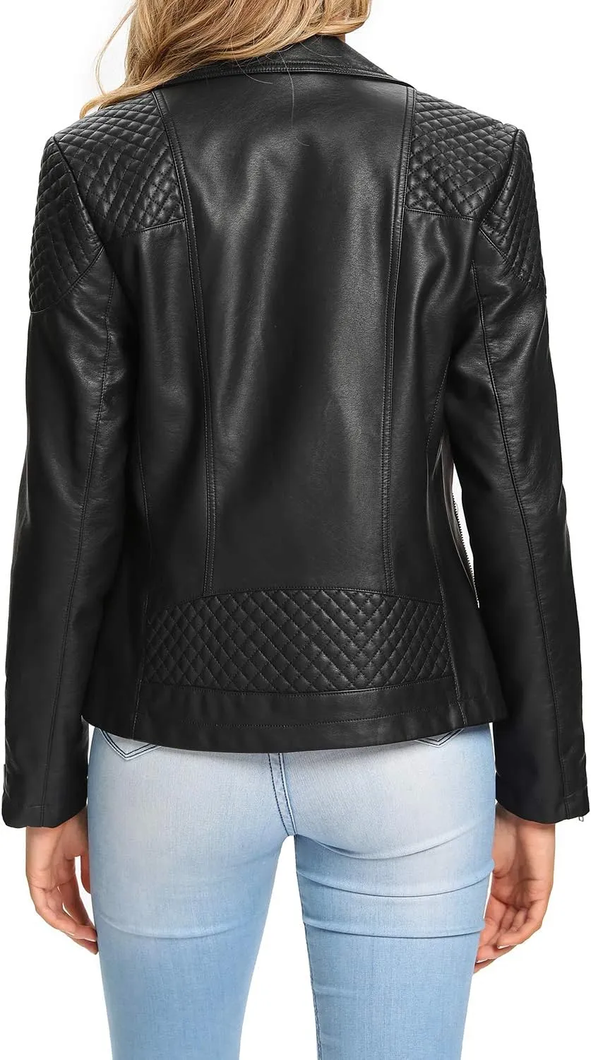S P Y M Womens Faux Leather Jacket, Moto Biker Coat, Quilted Zip Up Outwear