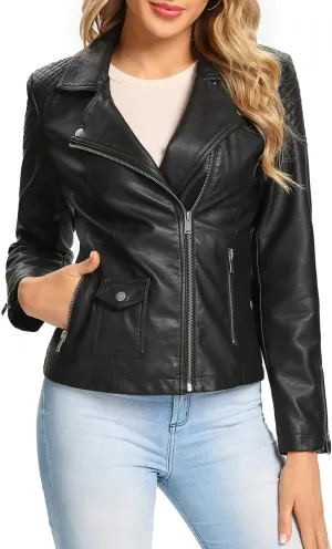 S P Y M Womens Faux Leather Jacket, Moto Biker Coat, Quilted Zip Up Outwear