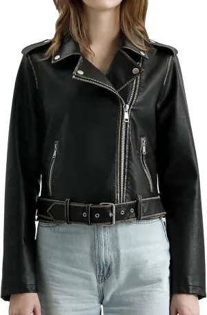 S P Y M Womens Worn Effect Faux Leather Jacket, Faded Moto Biker Coat with Belt