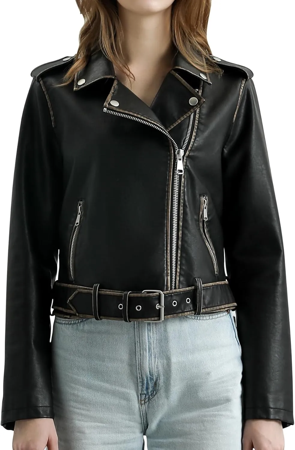 S P Y M Womens Worn Effect Faux Leather Jacket, Faded Moto Biker Coat with Belt