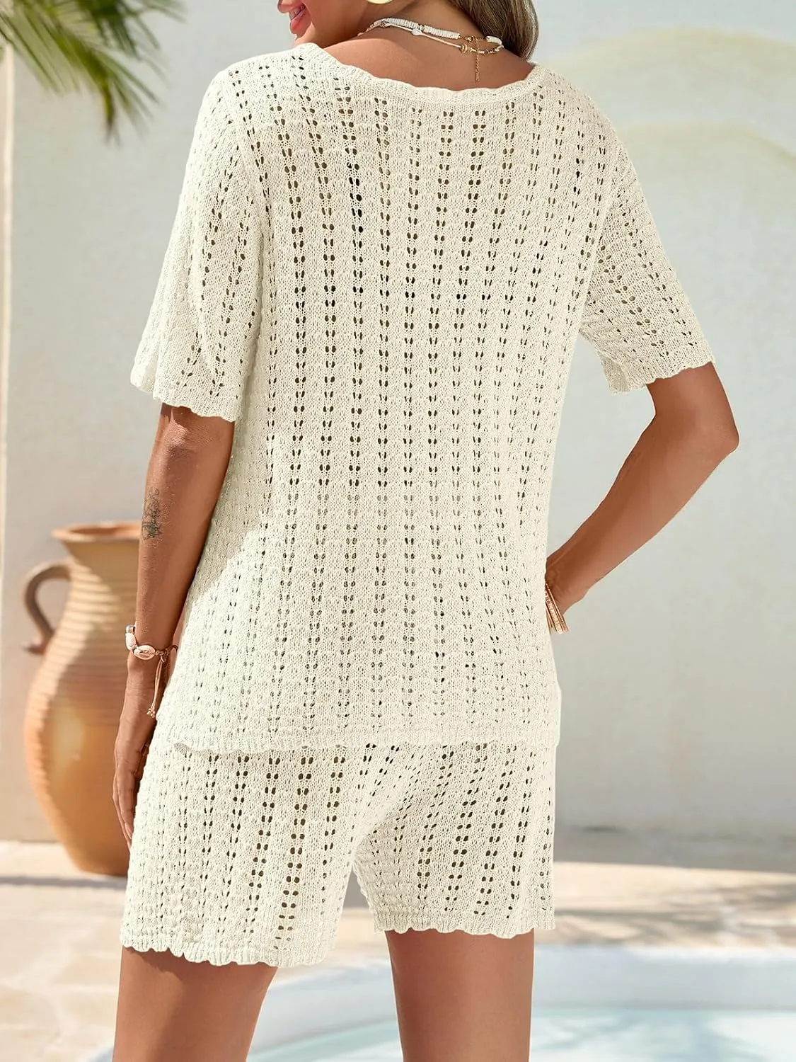 Saodimallsu Women Crochet 2 Piece Swimsuit Cover Up Short Sleeve Knit Tops Shorts Sets Summer Beach Vacation Outfit