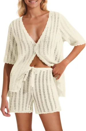 Saodimallsu Women Crochet 2 Piece Swimsuit Cover Up Short Sleeve Knit Tops Shorts Sets Summer Beach Vacation Outfit