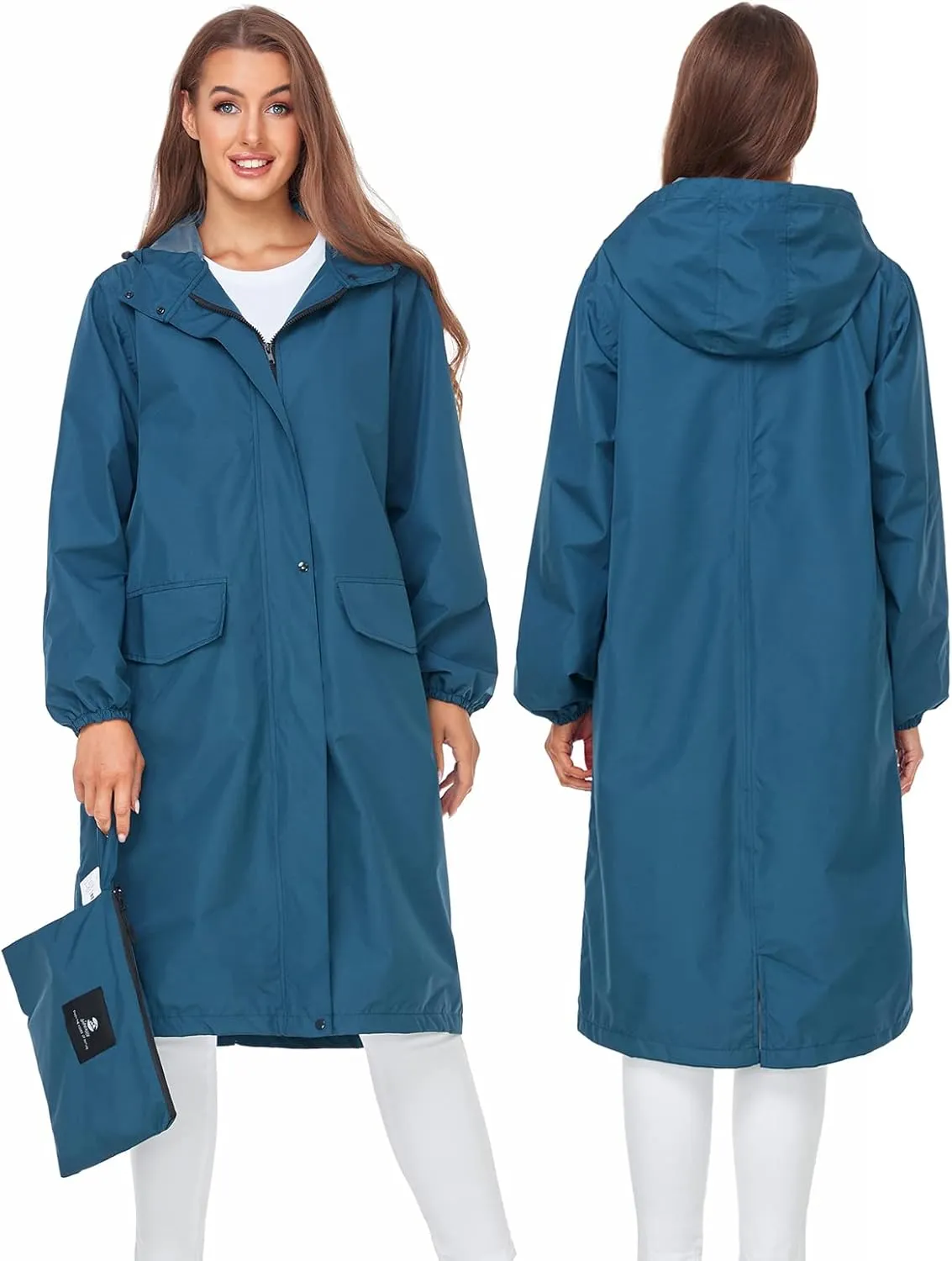 SaphiRose Women's Long Rain Jacket Waterproof Lightweight Hooded Raincoat Packable Knee Length Rain coat