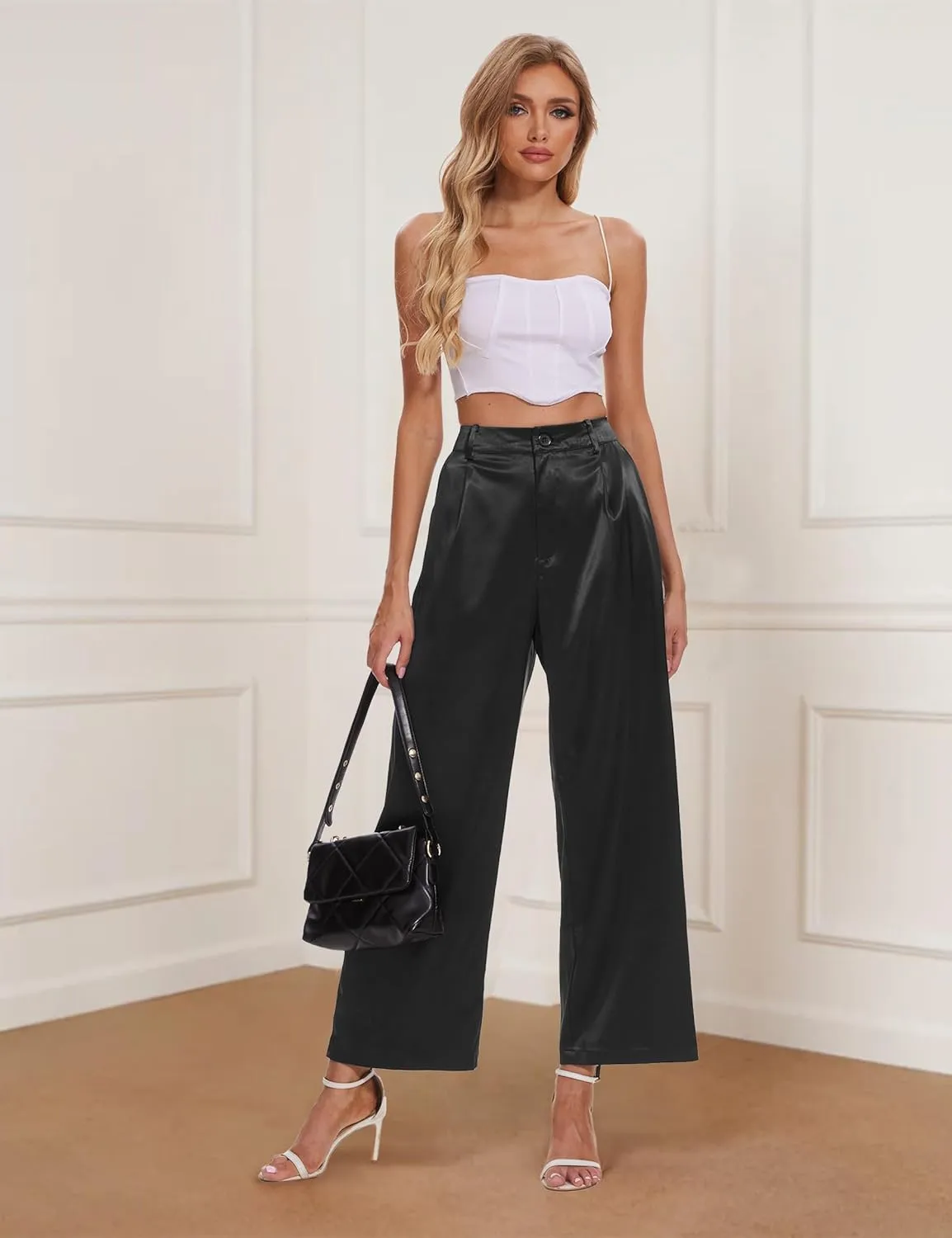 Satin Pants for Women High Waist Wide Leg Dress Casual Silk Disco Pants with Pockets