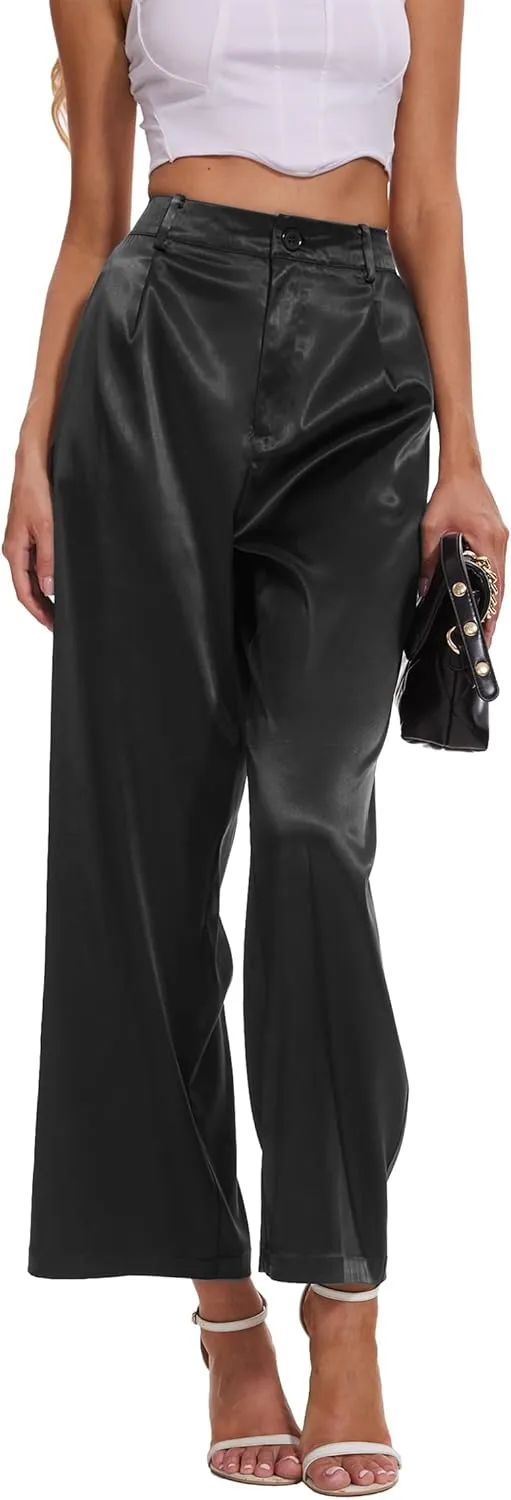 Satin Pants for Women High Waist Wide Leg Dress Casual Silk Disco Pants with Pockets