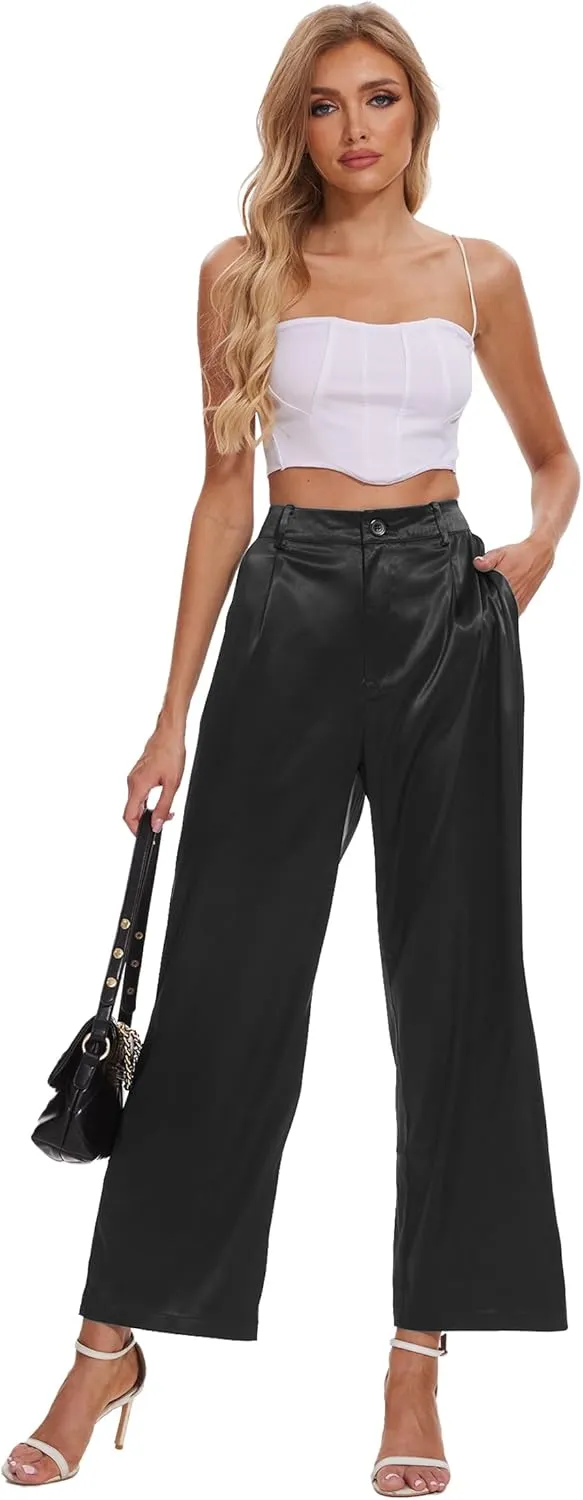 Satin Pants for Women High Waist Wide Leg Dress Casual Silk Disco Pants with Pockets