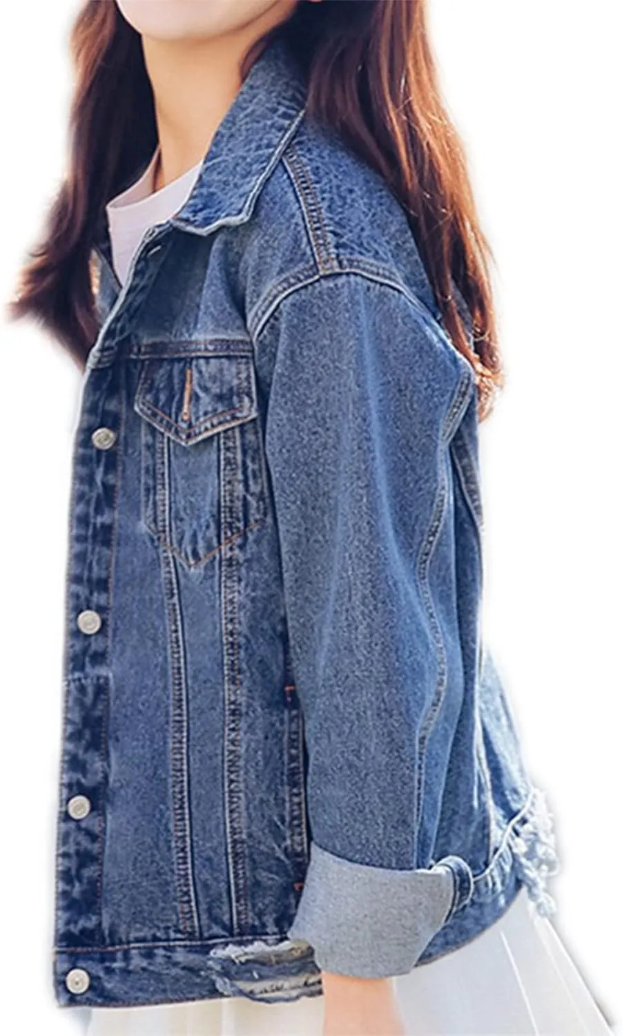 Saukiee Oversized Denim Jacket Distressed Boyfriend Jean Coat Jeans Trucker Jacket for Women Girls