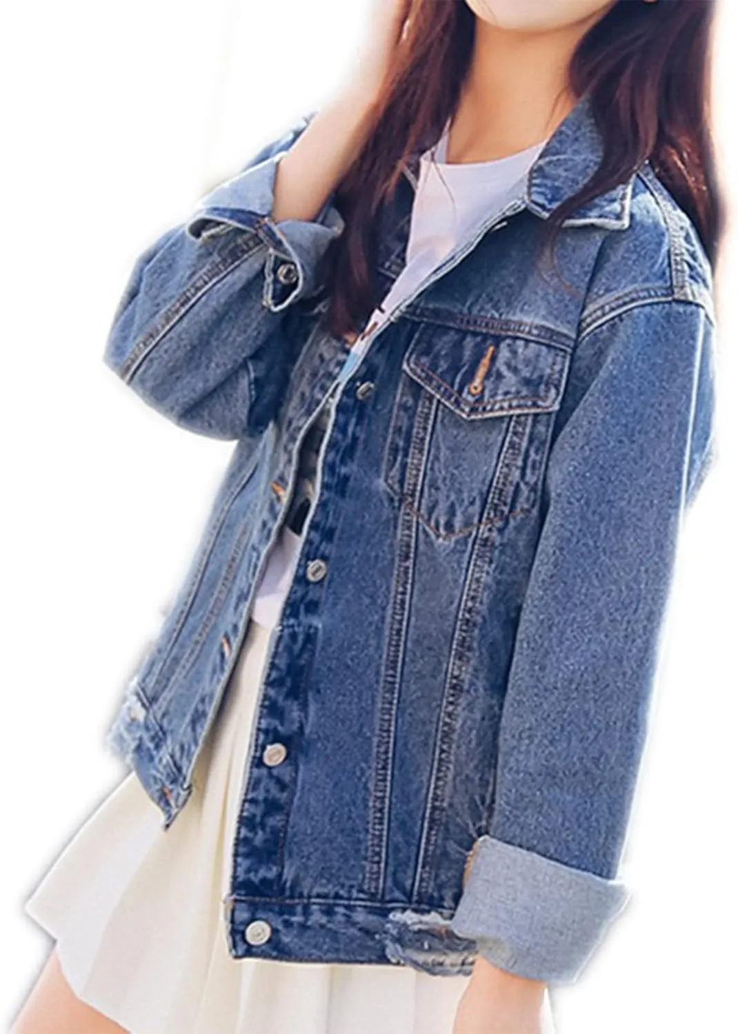 Saukiee Oversized Denim Jacket Distressed Boyfriend Jean Coat Jeans Trucker Jacket for Women Girls