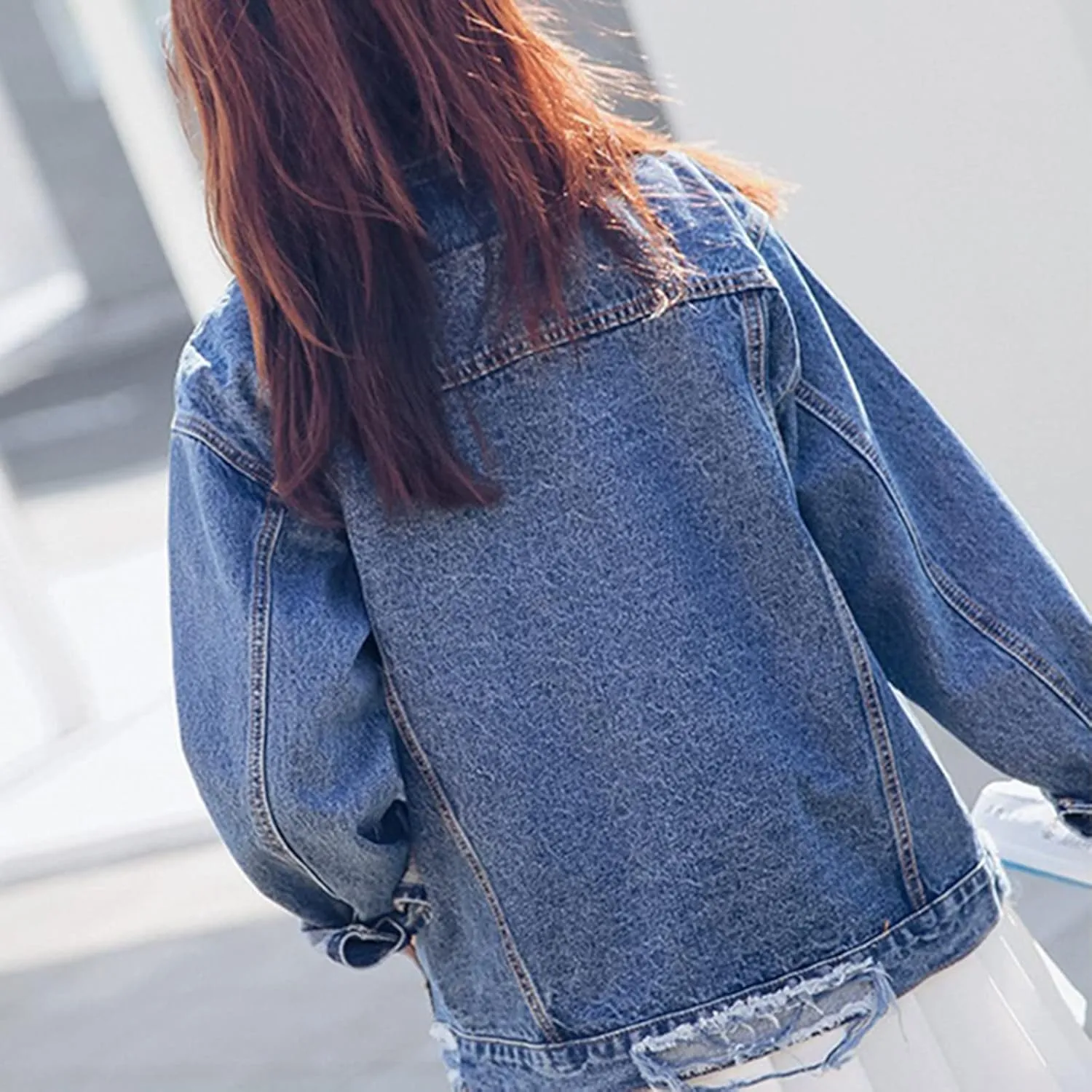 Saukiee Oversized Denim Jacket Distressed Boyfriend Jean Coat Jeans Trucker Jacket for Women Girls