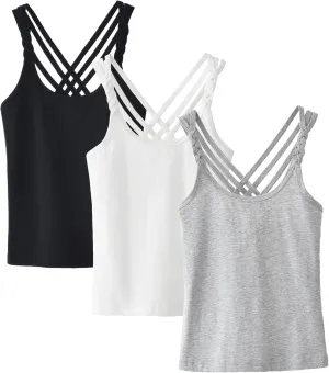 SEAUR 3 Pieces Girls Dance Tank Tops Twist Sleeve Racerback Camisole Ballet Undershirts Cotton Crop Top