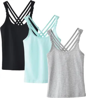 SEAUR 3 Pieces Girls Dance Tank Tops Twist Sleeve Racerback Camisole Ballet Undershirts Cotton Crop Top