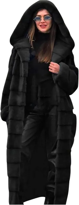 SERYU Womens Thick Faux Fur Coat Solid Color Big Hooded Parka Overcoat Winter Long Coat Jacket