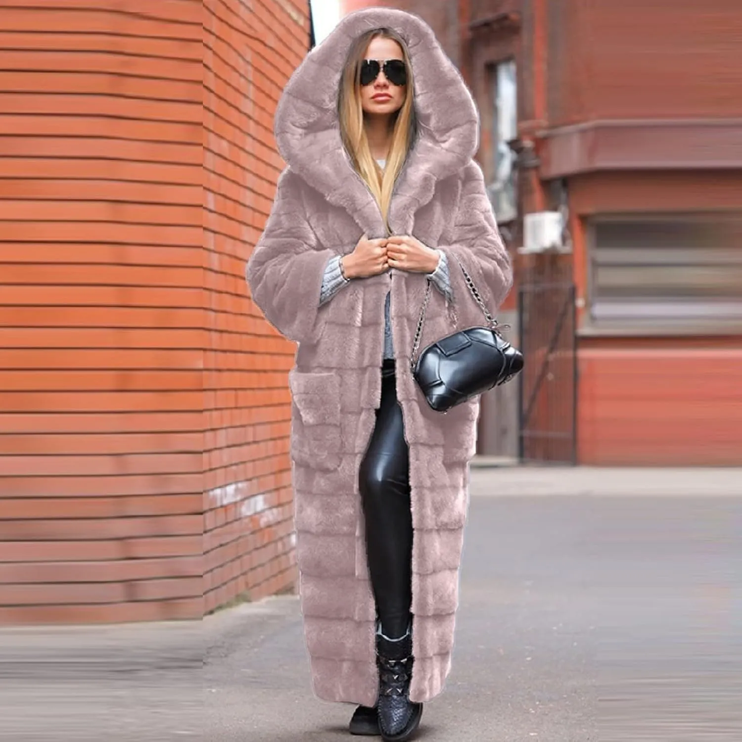 SERYU Womens Thick Faux Fur Coat Solid Color Big Hooded Parka Overcoat Winter Long Coat Jacket