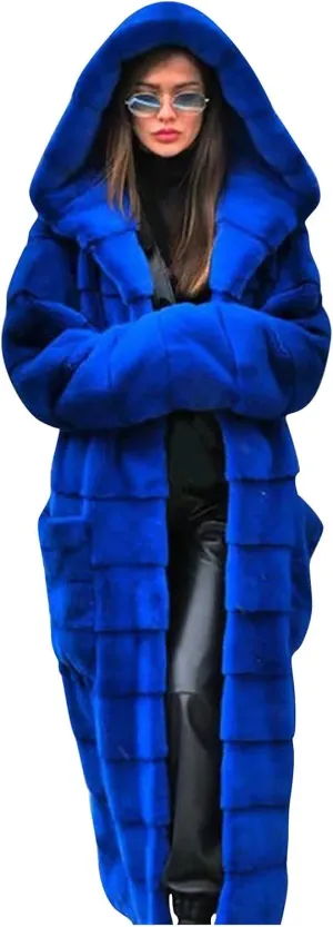 SERYU Womens Thick Faux Fur Coat Solid Color Big Hooded Parka Overcoat Winter Long Coat Jacket