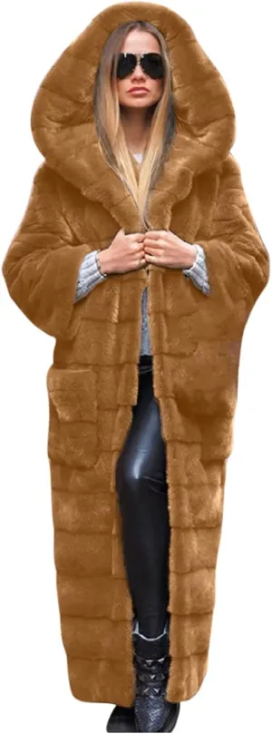 SERYU Womens Thick Faux Fur Coat Solid Color Big Hooded Parka Overcoat Winter Long Coat Jacket