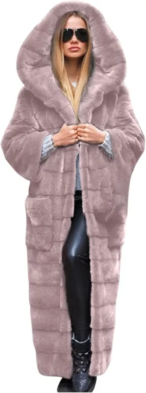 SERYU Womens Thick Faux Fur Coat Solid Color Big Hooded Parka Overcoat Winter Long Coat Jacket