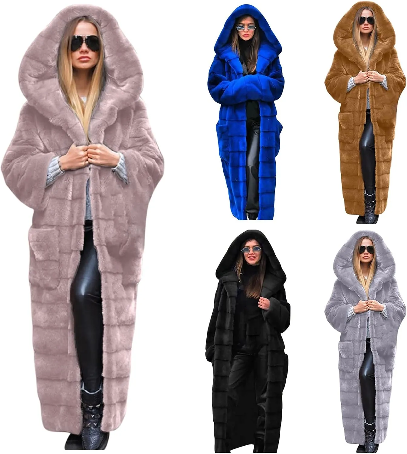 SERYU Womens Thick Faux Fur Coat Solid Color Big Hooded Parka Overcoat Winter Long Coat Jacket