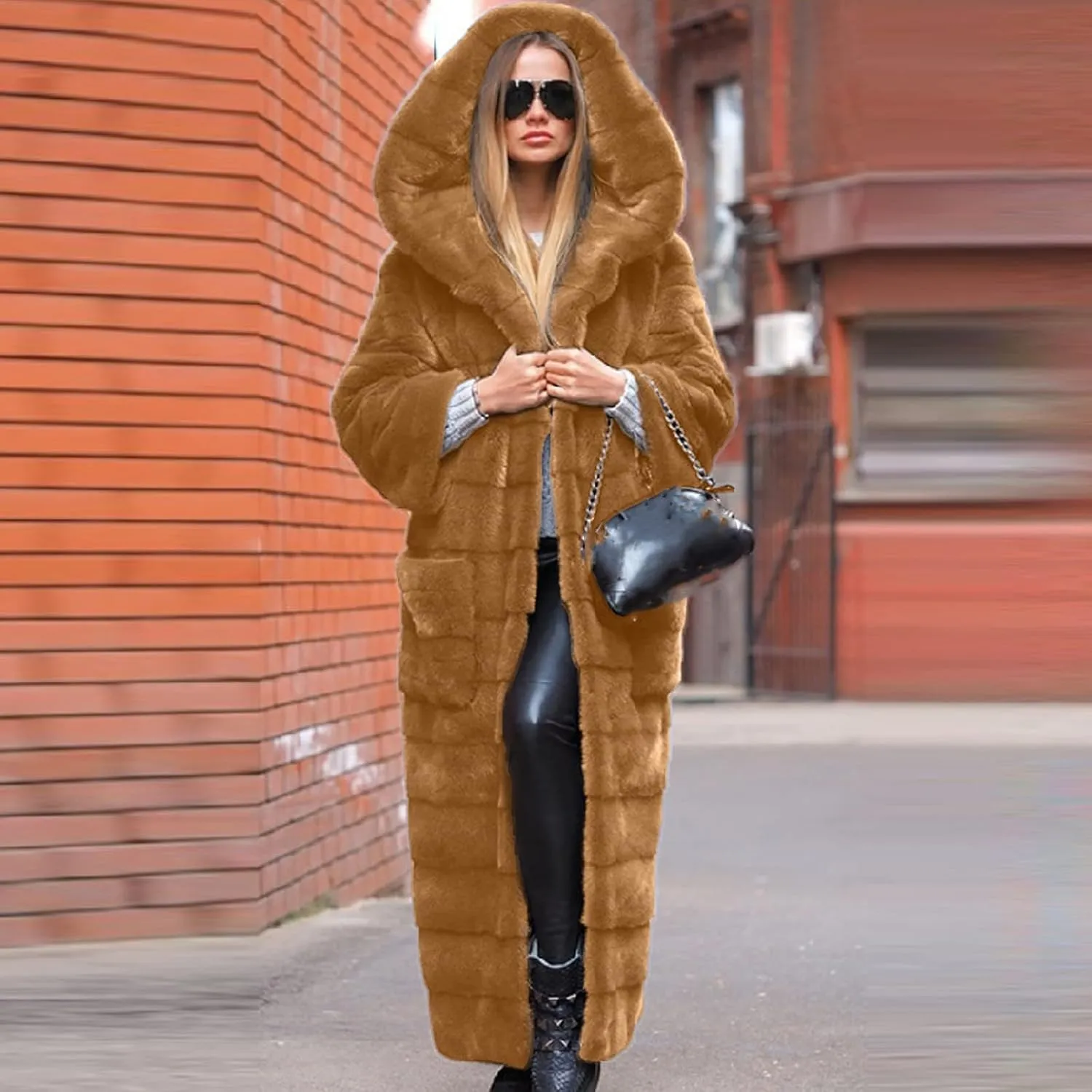 SERYU Womens Thick Faux Fur Coat Solid Color Big Hooded Parka Overcoat Winter Long Coat Jacket