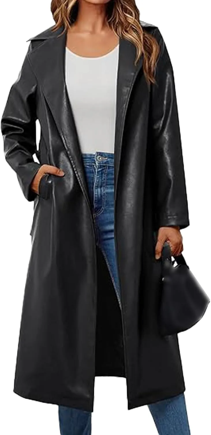 Sexyshine Women's Faux Leather Trench Coat Notched Lapel PU Leather Long Coat Open Front Motorcycle Belted Maxi Jacket