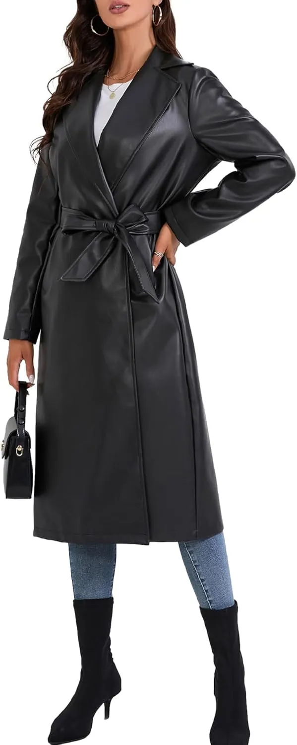 Sexyshine Women's Faux Leather Trench Coat Notched Lapel PU Leather Long Coat Open Front Motorcycle Belted Maxi Jacket
