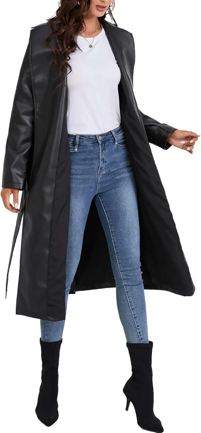 Sexyshine Women's Faux Leather Trench Coat Notched Lapel PU Leather Long Coat Open Front Motorcycle Belted Maxi Jacket