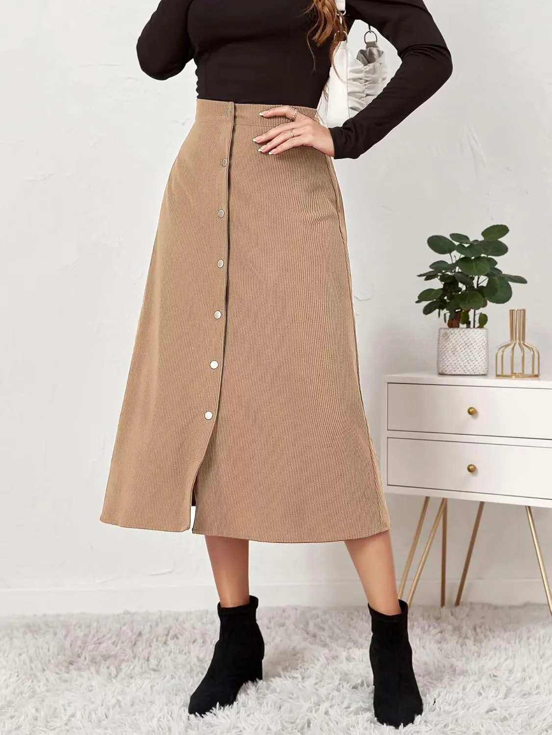 Shefae Women's Corduroy Midi Long Skirt Button Front High Waist A-Line Skirt