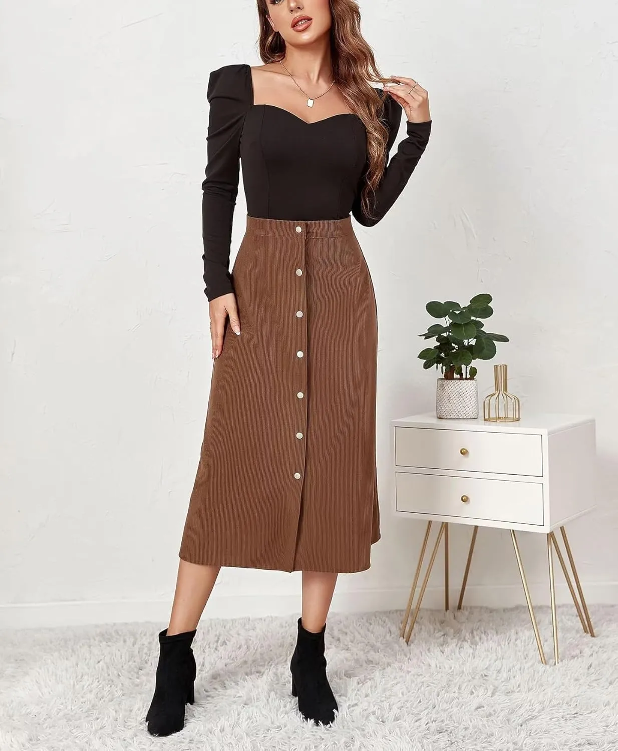 Shefae Women's Corduroy Midi Long Skirt Button Front High Waist A-Line Skirt