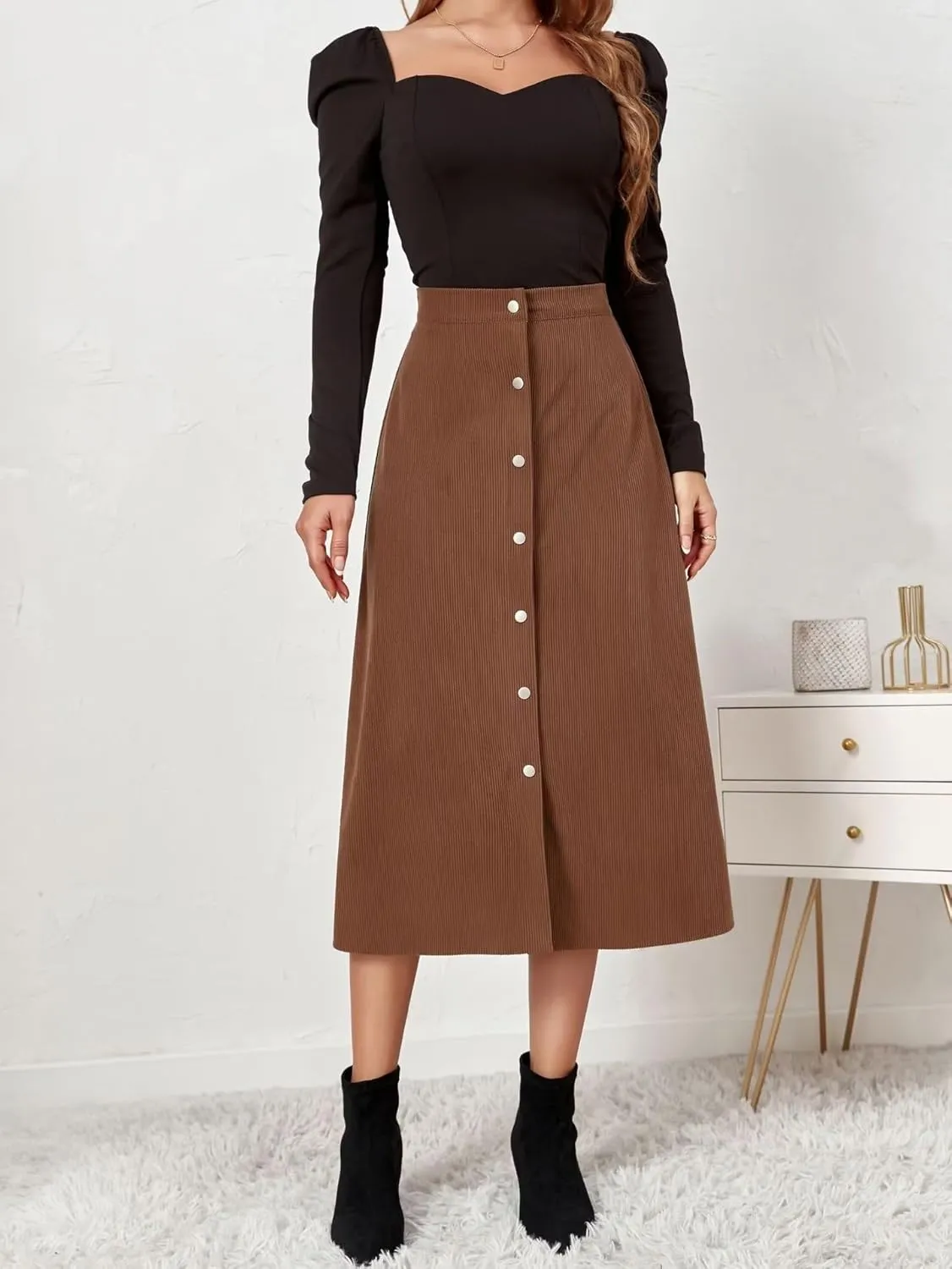Shefae Women's Corduroy Midi Long Skirt Button Front High Waist A-Line Skirt
