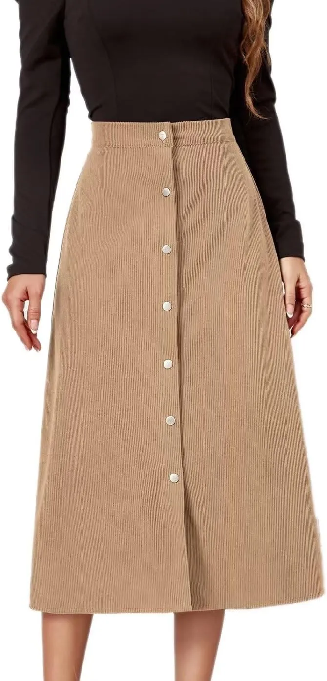 Shefae Women's Corduroy Midi Long Skirt Button Front High Waist A-Line Skirt