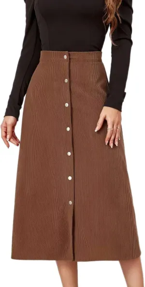 Shefae Women's Corduroy Midi Long Skirt Button Front High Waist A-Line Skirt