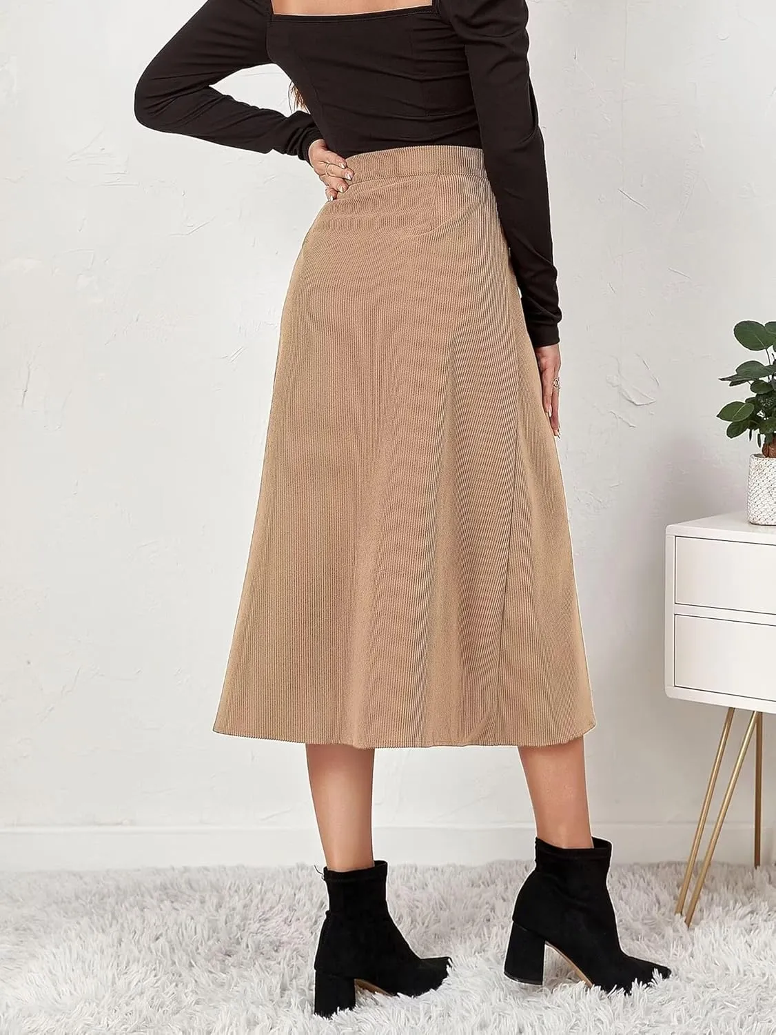 Shefae Women's Corduroy Midi Long Skirt Button Front High Waist A-Line Skirt