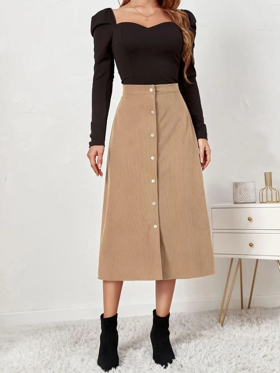 Shefae Women's Corduroy Midi Long Skirt Button Front High Waist A-Line Skirt