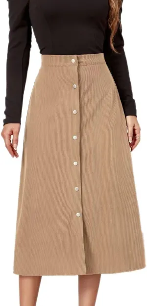 Shefae Women's Corduroy Midi Long Skirt Button Front High Waist A-Line Skirt