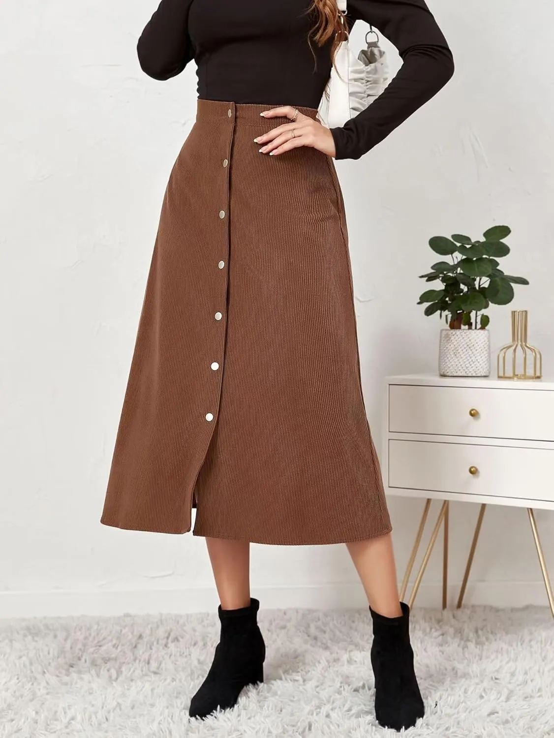 Shefae Women's Corduroy Midi Long Skirt Button Front High Waist A-Line Skirt